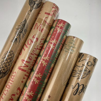 WRAPLA Christmas Wrapping paper - Kraft Paper with Red and Black Pattern For Wedding, Birthdays, Valentines, Christmas - 5 Roll - 76 cm X 3 m Per Roll