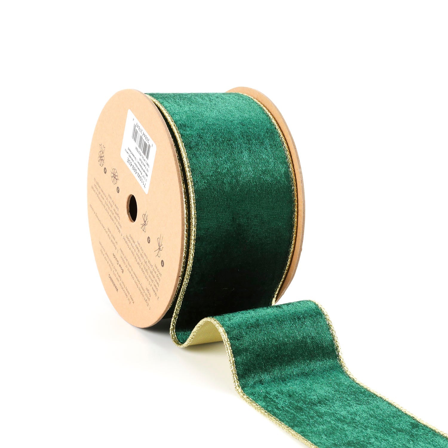 2 1/2" REVERSIBLE VELVET/LUREX WIRED RIBBON | GREEN/GOLD 10 YARD ROLL 6.3X915cm