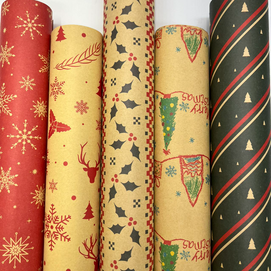 WRAPLA Wrapping Paper Roll - Quality Design Wrap Kraft Paper Flat Sheet For Wedding, Birthdays, Valentines, Party - 5 Rolls-25 sheets - 70 cm X 50cm Per Sheet