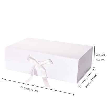 WRAPLA White Gift Box with Satin Ribbon, 35X23X10CM Collapsible Gift Box with Magnetic Closure for Party, Wedding, Gift Wrap, Bridesmaid Proposal, Storage