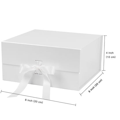 WRAPLA White Gift Box with Satin Ribbon, 20X20X10CM Collapsible Gift Box with Magnetic Closure for Party, Wedding, Gift Wrap, Bridesmaid Proposal, Storage