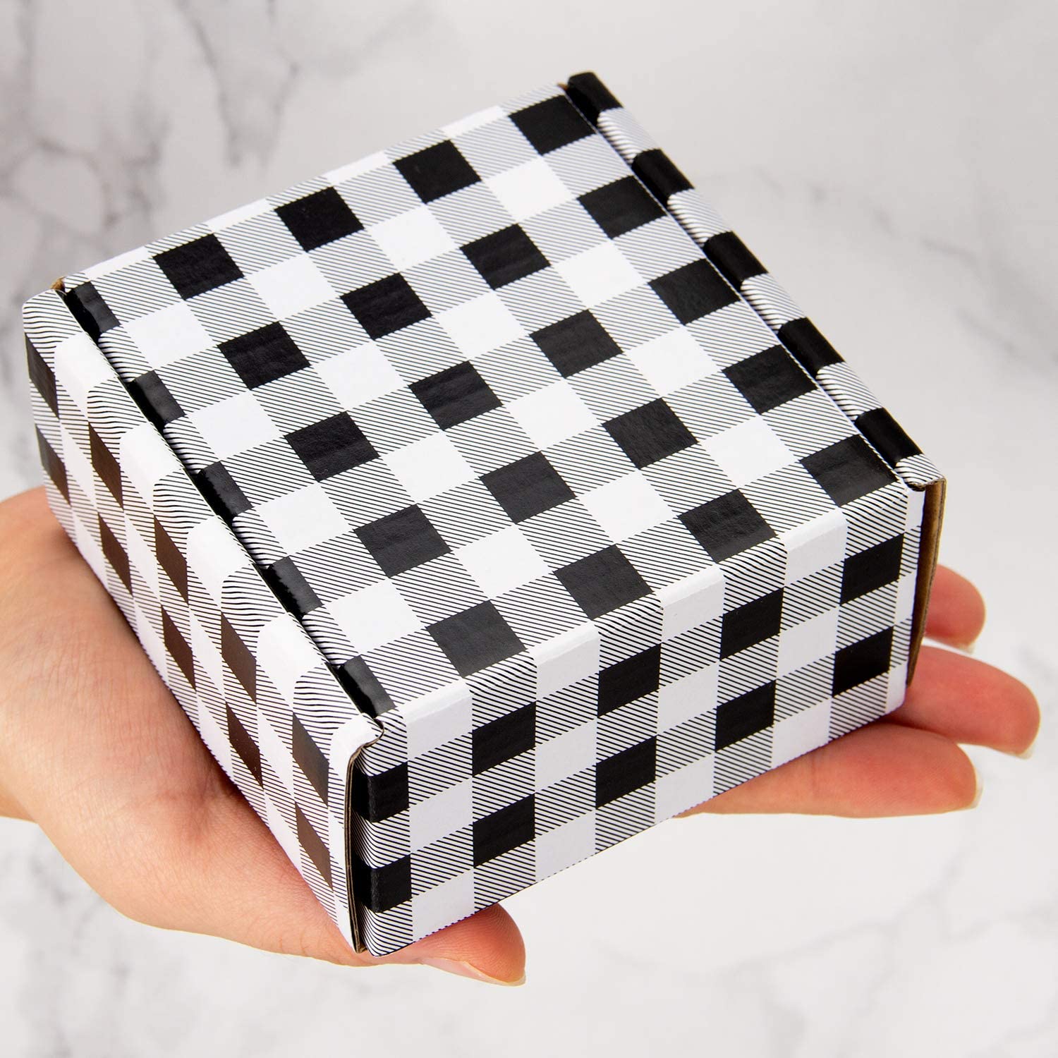 WRAPLA Recyclable Corrugated Box Mailers -10 x 10 x 5cm- White Cardboard Box Black Plaid Printed Shipping Small - 25 Pack