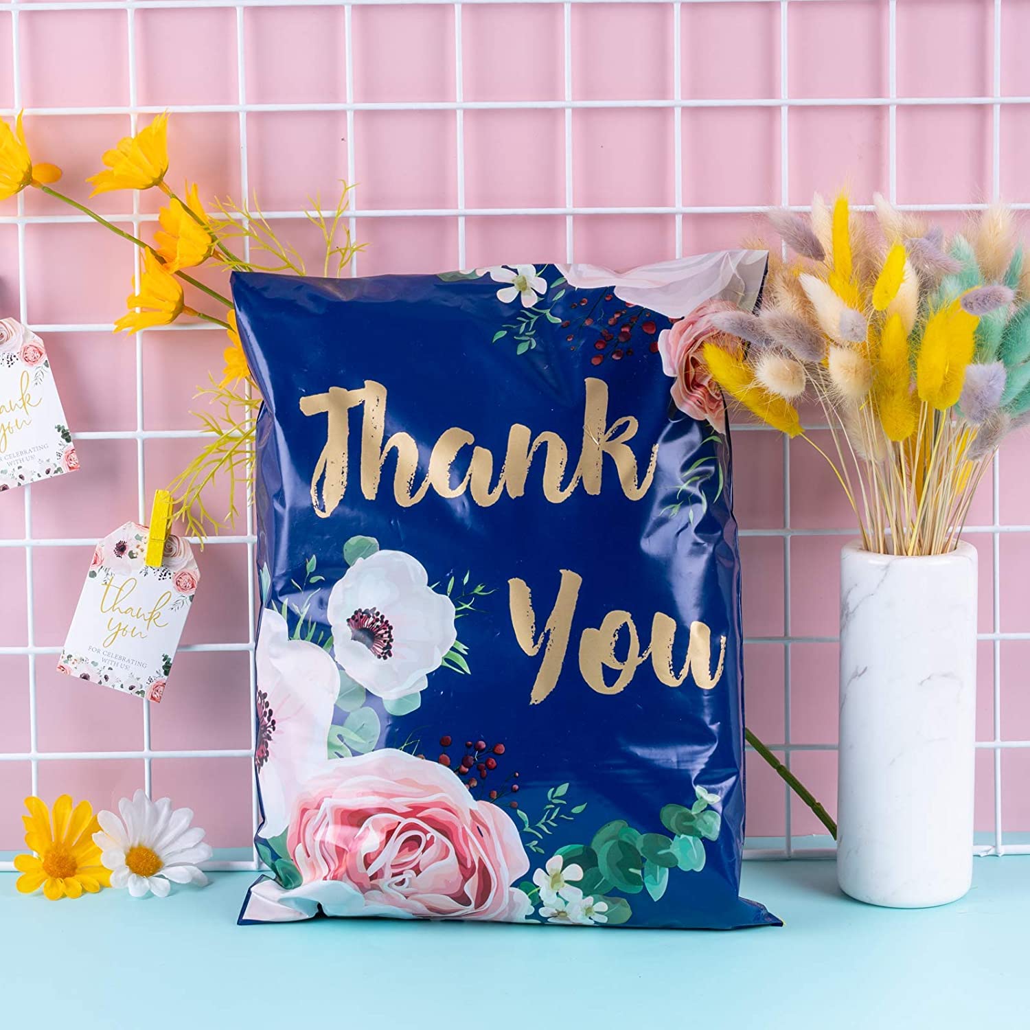 WRAPLA 25 x 33cm (10 x 13 inches) Poly Mailers Shipping Bags Thank You Notes Flowers Surrounded Navy Blue Poly Mailers 2.3 Mil Heavy Duty Self Seal Mailing Envelopes - 100 Pack