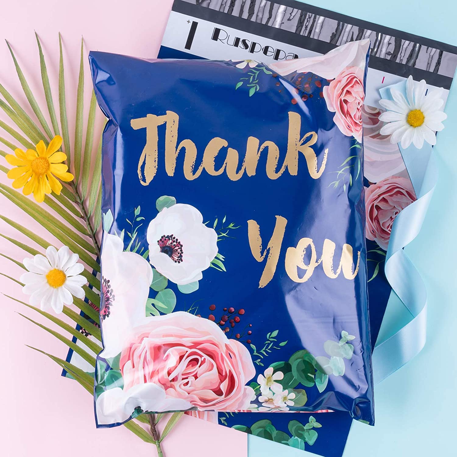 WRAPLA 25 x 33cm (10 x 13 inches) Poly Mailers Shipping Bags Thank You Notes Flowers Surrounded Navy Blue Poly Mailers 2.3 Mil Heavy Duty Self Seal Mailing Envelopes - 100 Pack