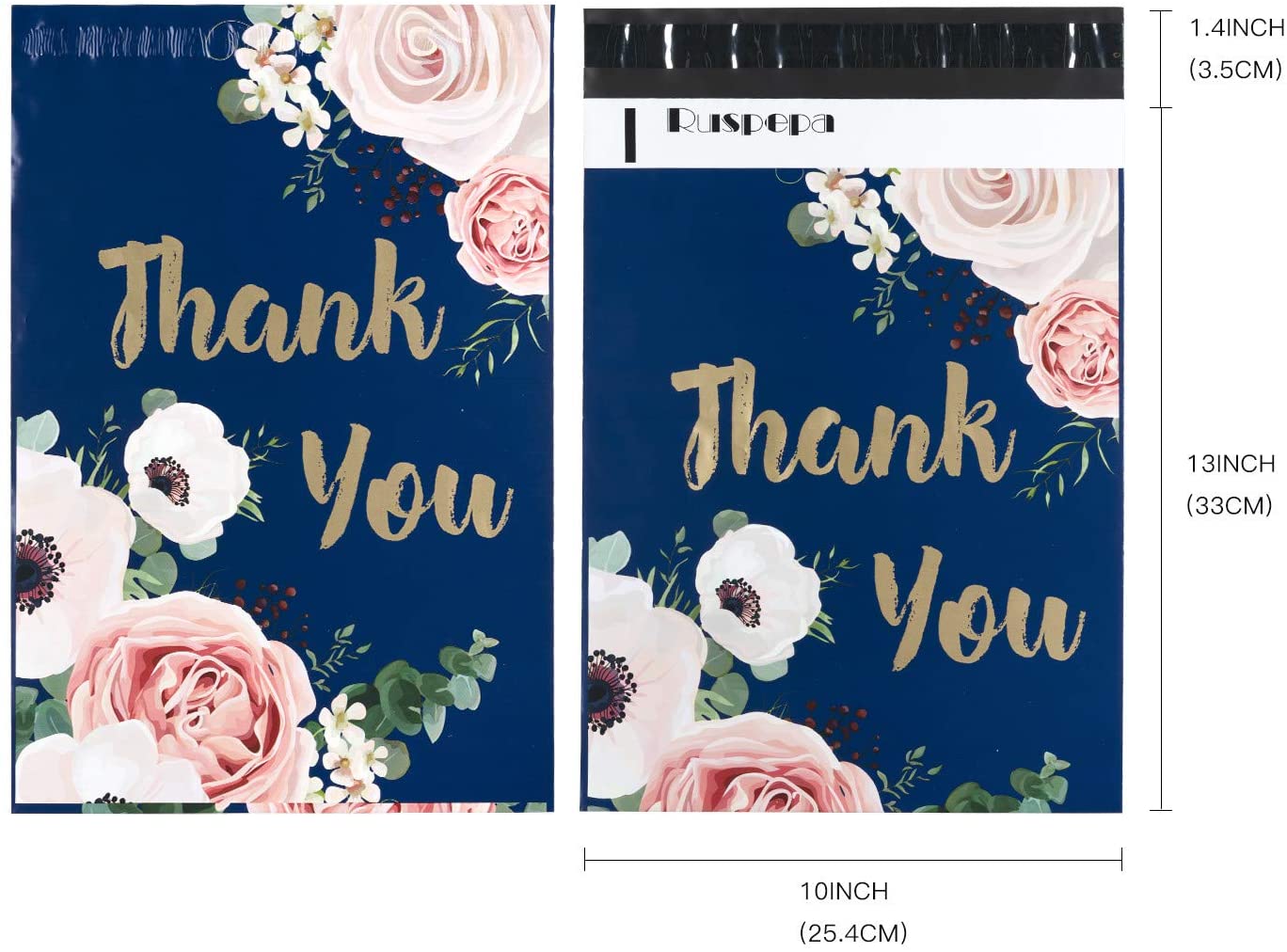 WRAPLA 25 x 33cm (10 x 13 inches) Poly Mailers Shipping Bags Thank You Notes Flowers Surrounded Navy Blue Poly Mailers 2.3 Mil Heavy Duty Self Seal Mailing Envelopes - 100 Pack