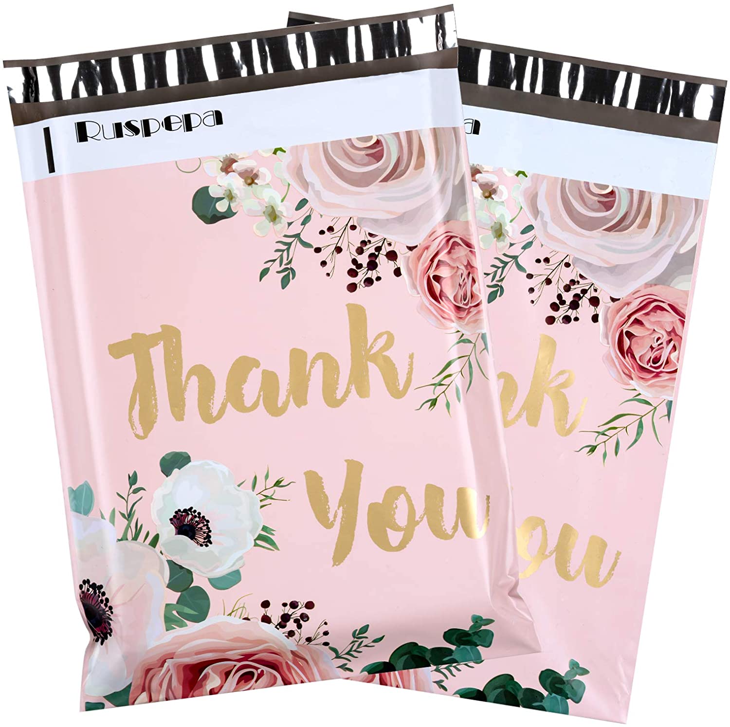 WRAPLA 25 x 33cm (10 x 13 inches) Poly Mailers Shipping Bags Thank You Notes Flowers Surrounded Pink Poly Mailers 2.3 Mil Heavy Duty Self Seal Mailing Envelopes - 100 Pack