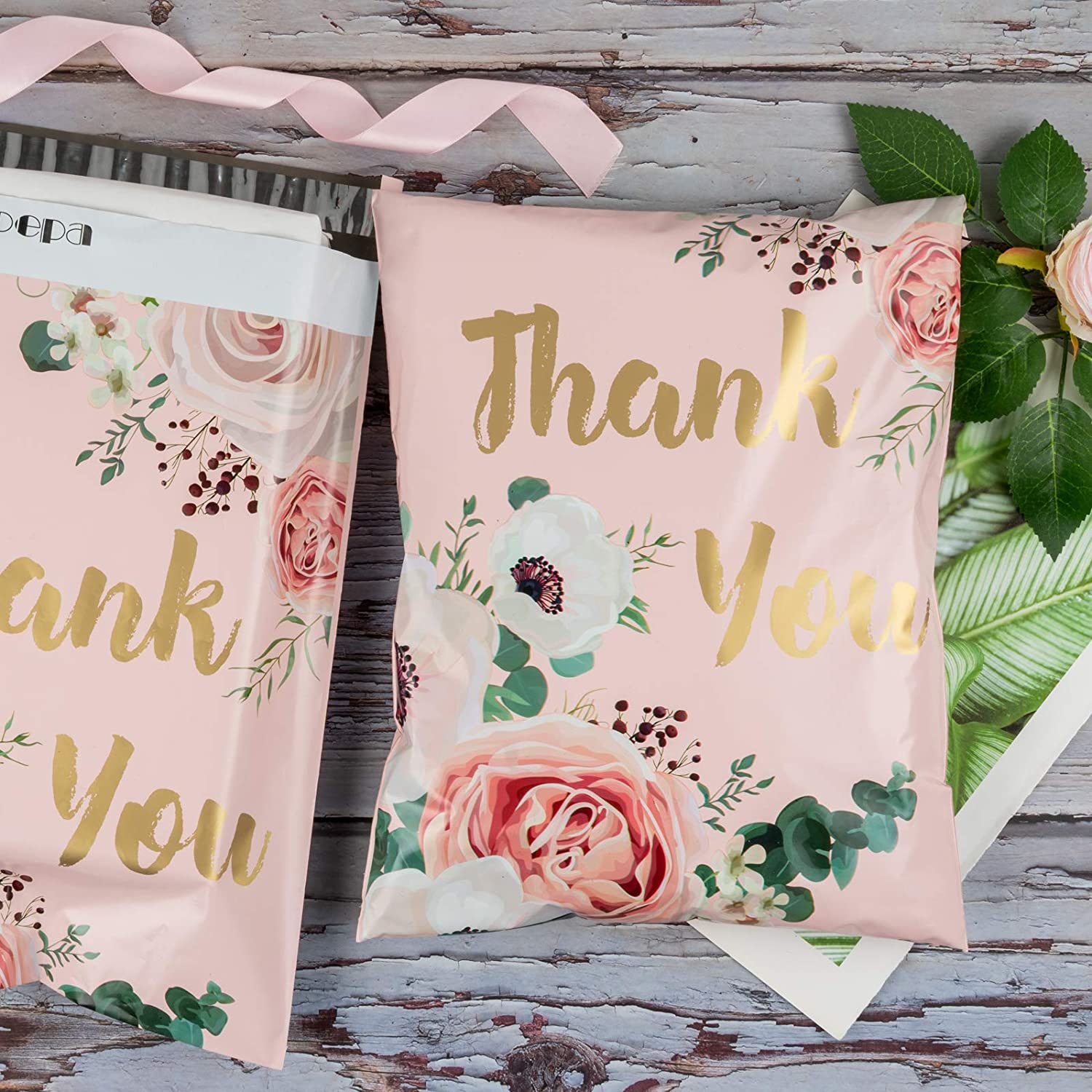 WRAPLA 25 x 33cm (10 x 13 inches) Poly Mailers Shipping Bags Thank You Notes Flowers Surrounded Pink Poly Mailers 2.3 Mil Heavy Duty Self Seal Mailing Envelopes - 100 Pack