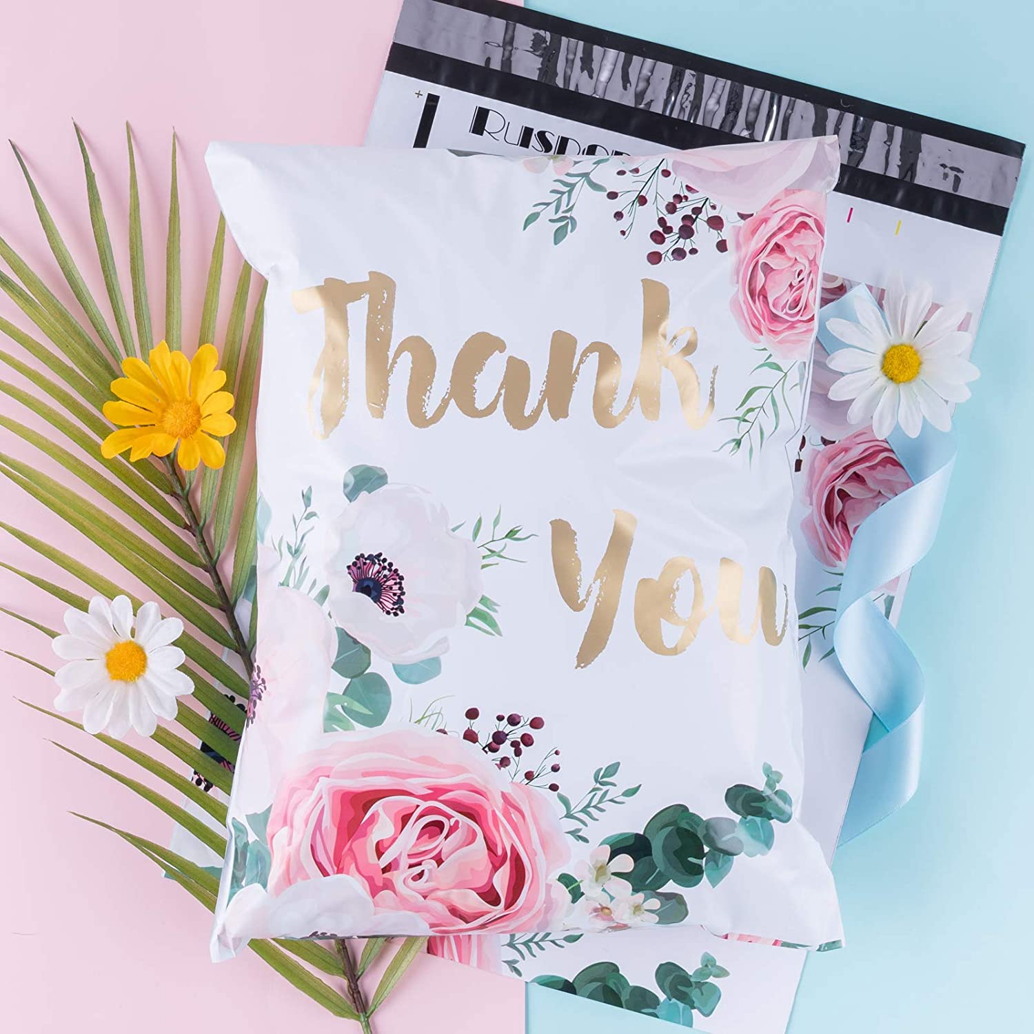 WRAPLA 25 x 33cm (10 x 13 inches) Poly Mailers Shipping Bags Thank You Notes Flowers Surrounded White Poly Mailers 2.3 Mil Heavy Duty Self Seal Mailing Envelopes - 100 Pack