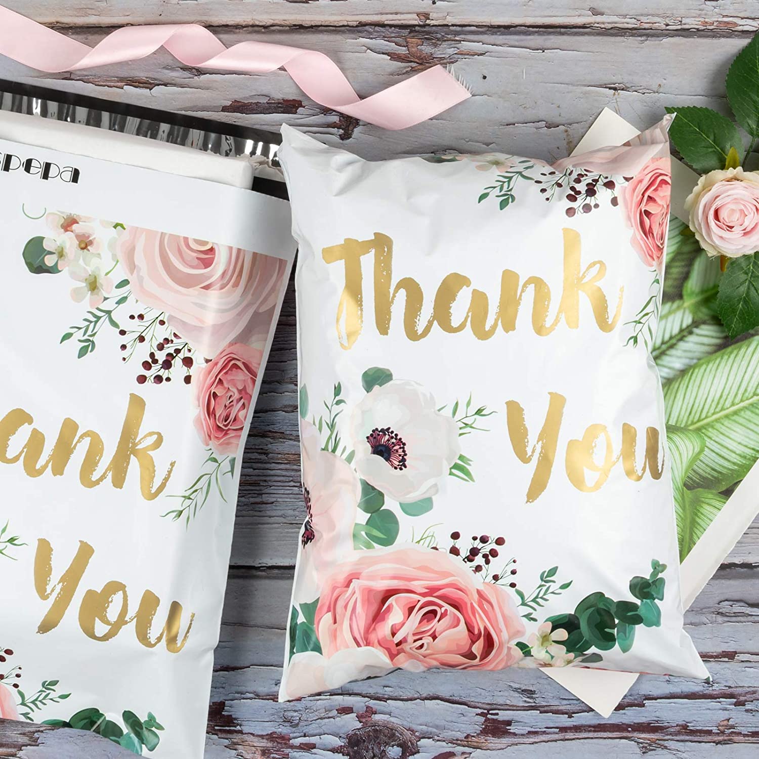 WRAPLA 25 x 33cm (10 x 13 inches) Poly Mailers Shipping Bags Thank You Notes Flowers Surrounded White Poly Mailers 2.3 Mil Heavy Duty Self Seal Mailing Envelopes - 100 Pack