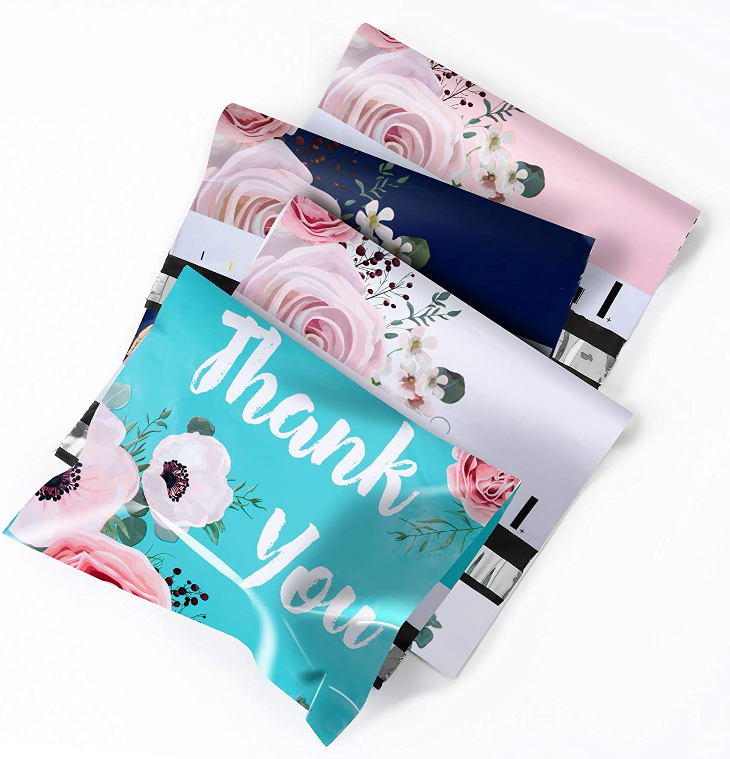 WRAPLA 25 x 33cm (10 x 13 inches) Poly Mailers Shipping Bags Thank You Notes Flowers Surrounded Poly Mailers 2.3 Mil Heavy Duty Self Seal Mailing Envelopes - 100 Pack