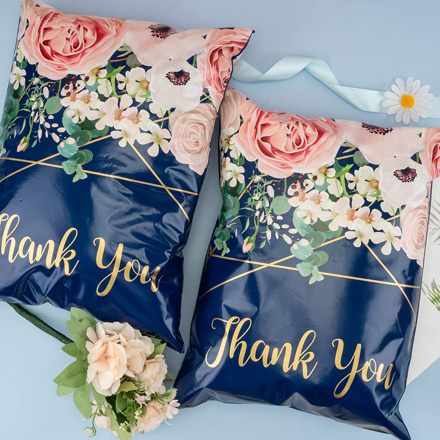 WRAPLA 30 x 40cm (12 x 15.5 inches) Poly Mailers Shipping Bags Thank You Notes Flowers Surrounded Navy Blue Poly Mailers 3 Mil Heavy Duty Self Seal Mailing Envelopes - 50 Pack