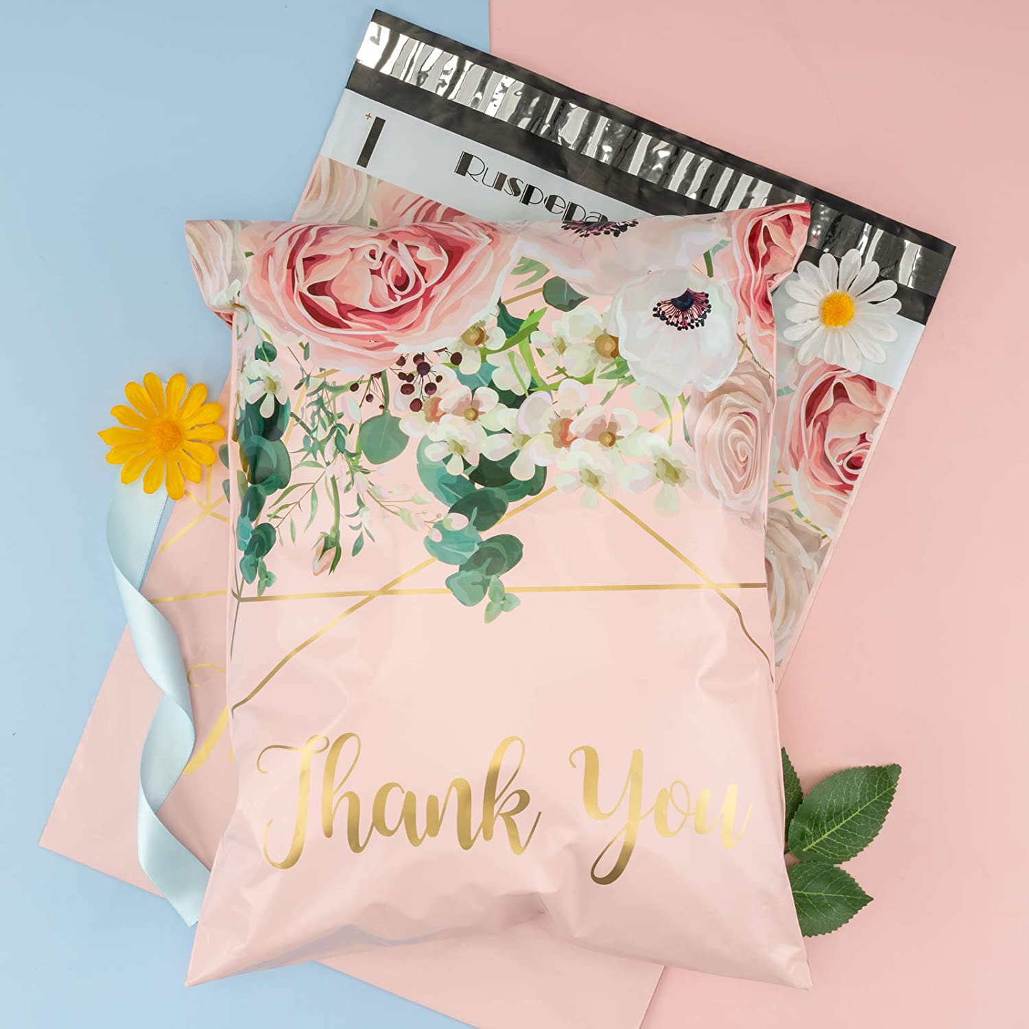 WRAPLA 30 x 40cm (12 x 15.5 inches) Poly Mailers Shipping Bags Thank You Notes Flowers Surrounded Pink Poly Mailers 3 Mil Heavy Duty Self Seal Mailing Envelopes - 50 Pack