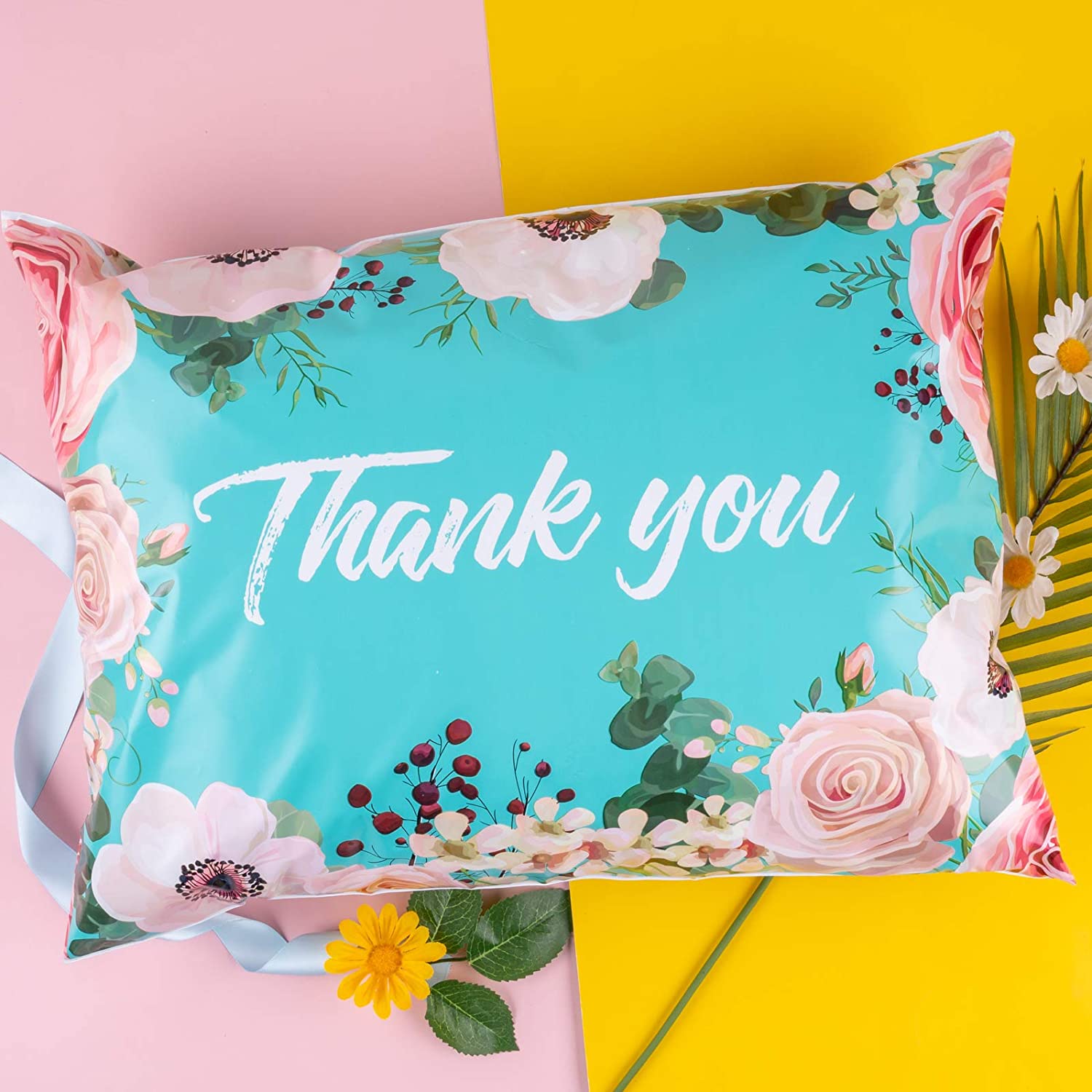 WRAPLA 37 x 48cm Poly Mailers Shipping Bags Thank You Notes Flowers Surrounded Teal Poly Mailers 3 Mil Heavy Duty Self Seal Mailing Envelopes - 50 Pack