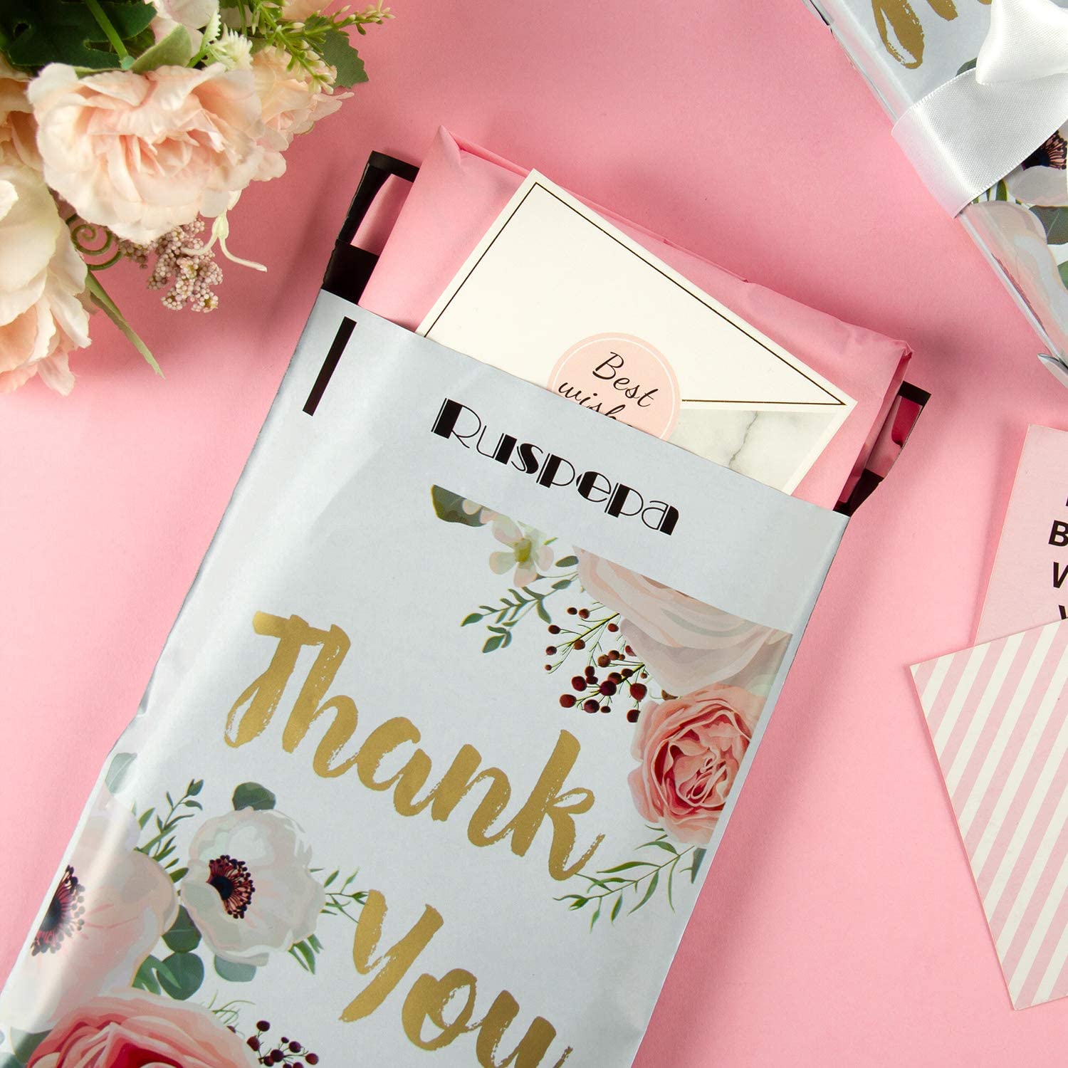 WRAPLA 15 x 23cm Poly Mailers Shipping Bags Thank You Notes Flowers Surrounded White Poly Mailers 2.3 Mil Heavy Duty Self Seal Mailing Envelopes - 100 Pack