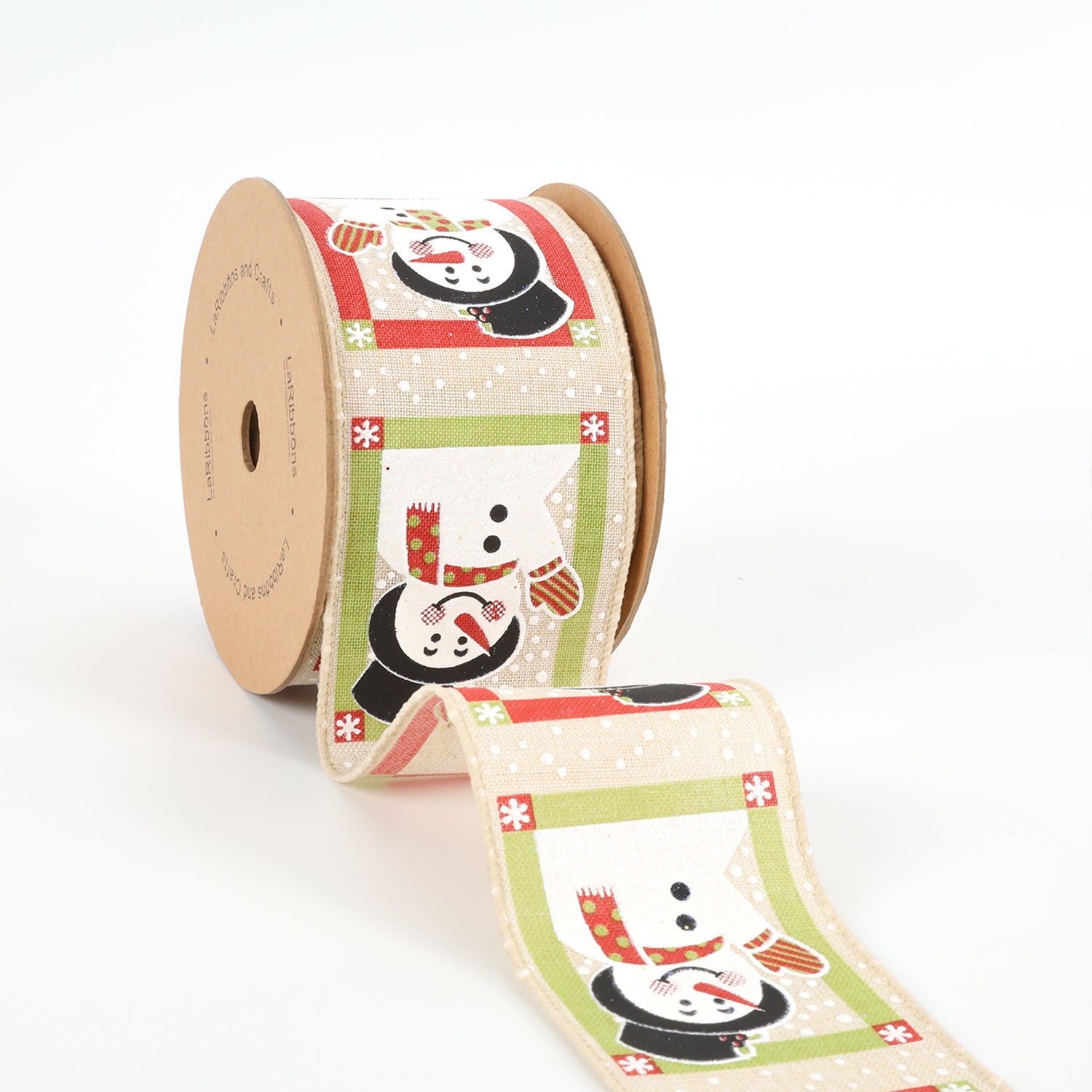 2 1/2" WIRED RIBBON | "SNOWMAN" NATURAL/MULTI | 10 YARD ROLL 6.3X915cm