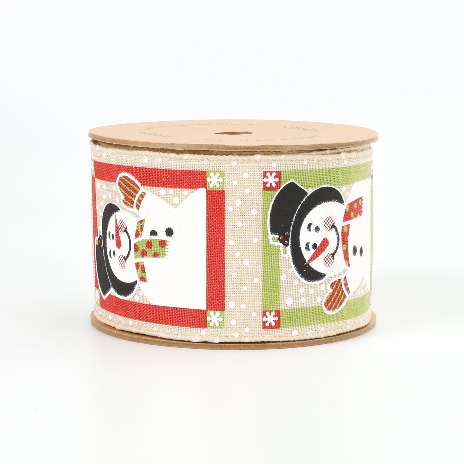 2 1/2" WIRED RIBBON | "SNOWMAN" NATURAL/MULTI | 10 YARD ROLL 6.3X915cm