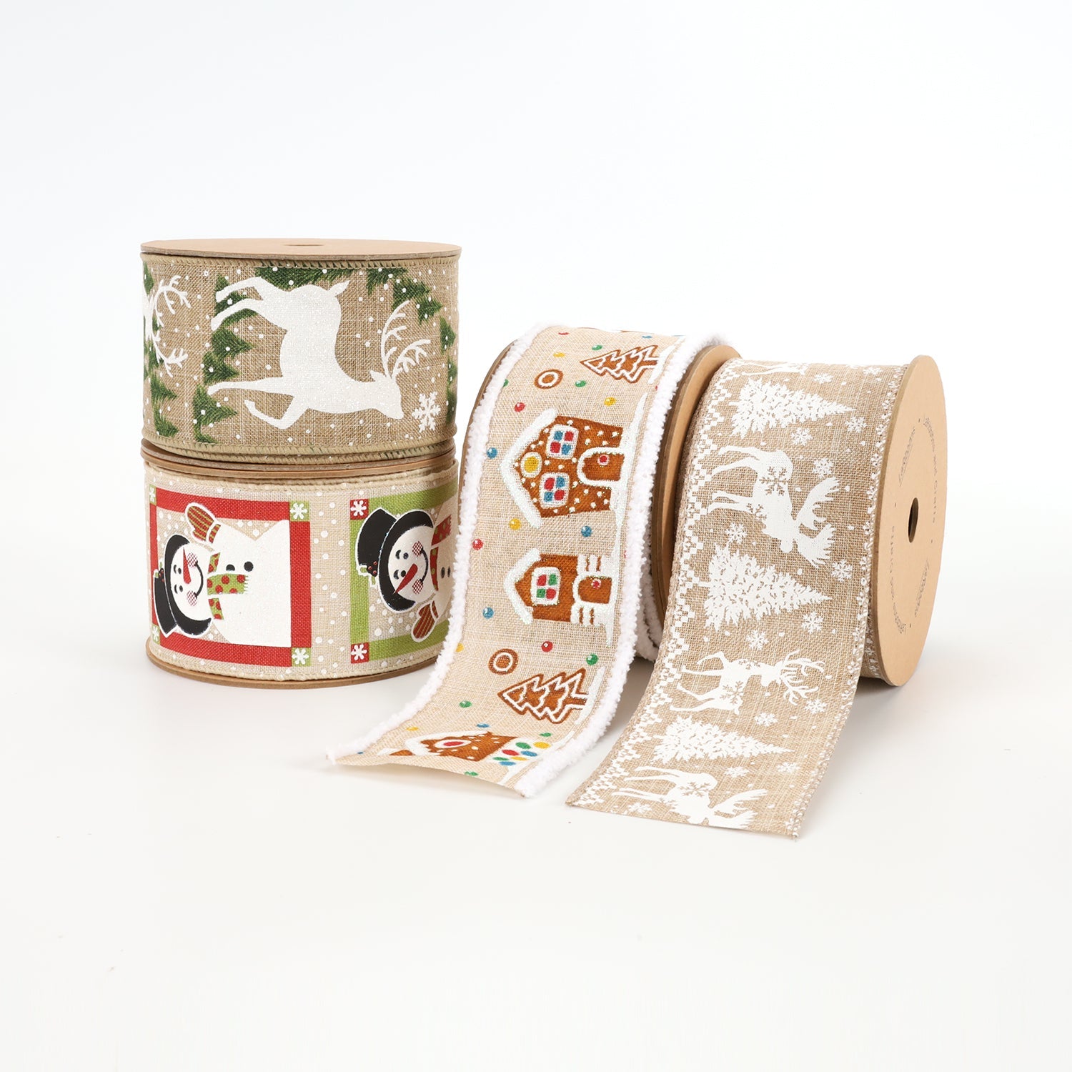 2 1/2" WIRED RIBBON | "SNOWMAN" NATURAL/MULTI | 10 YARD ROLL 6.3X915cm