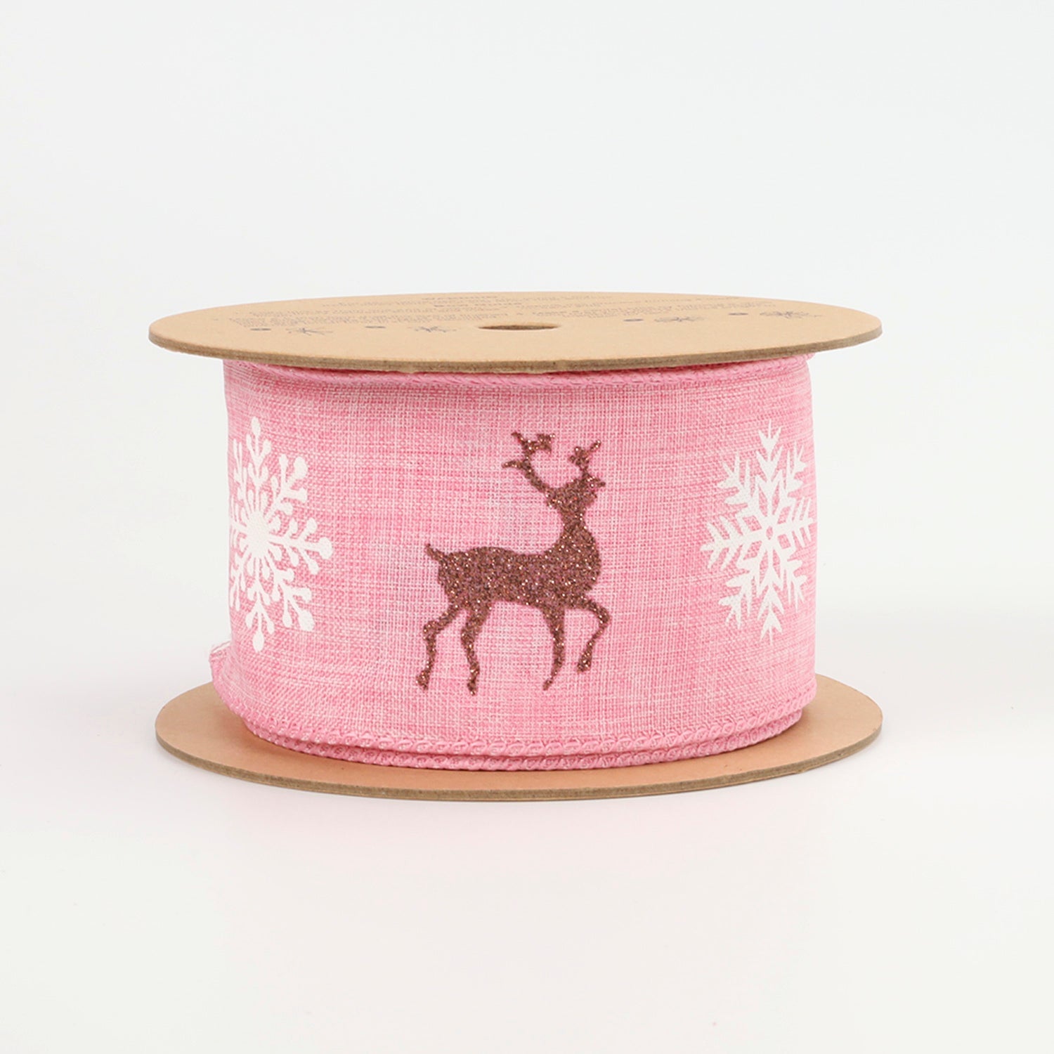 2 1/2" HOLIDAY WIRED RIBBON "REINDEER/SNOWFLAKE" PINK/NATURAL 10 Yard 6.3X915cm