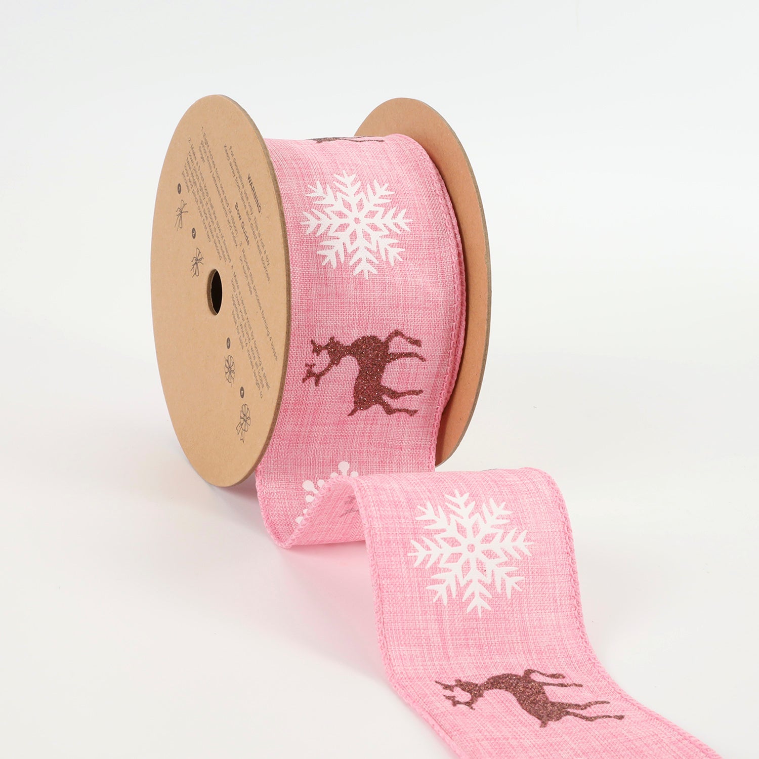 2 1/2" HOLIDAY WIRED RIBBON "REINDEER/SNOWFLAKE" PINK/NATURAL 10 Yard 6.3X915cm