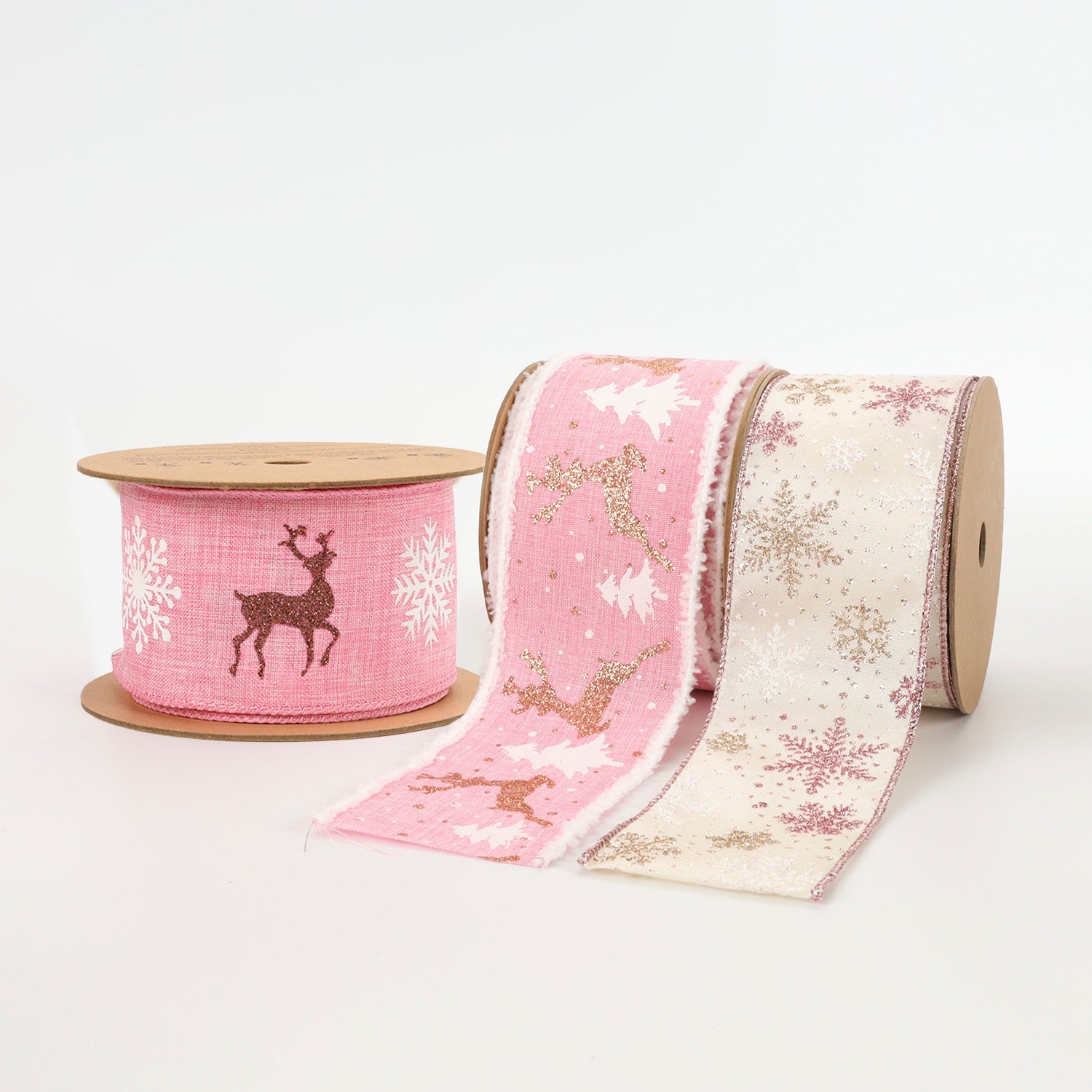 2 1/2" HOLIDAY WIRED RIBBON "REINDEER/SNOWFLAKE" PINK/NATURAL 10 Yard 6.3X915cm