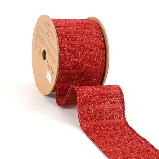 2 1/2" HOLIDAY WIRED RIBBON | "GLITTER STRIPED" CRANBERRY 10 YARD ROLL 6.3X915cm