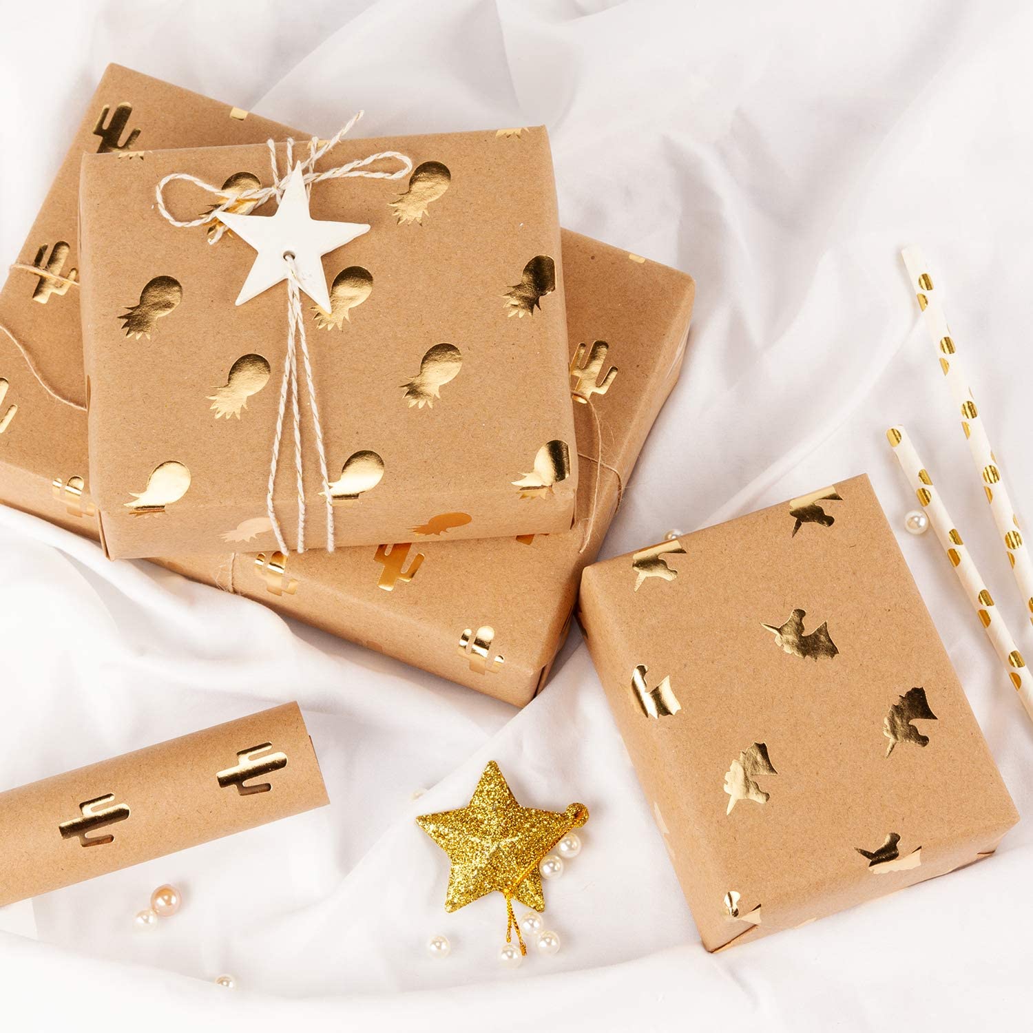 WRAPLA Kraft Wrapping Paper Gold Foil Unicorn Pineapple Cactus Shiny Kraft Paper for Birthday, Holiday, Wedding Wrap - 5 Sheets Packed as 1 roll - 50 X 76cm per Sheet