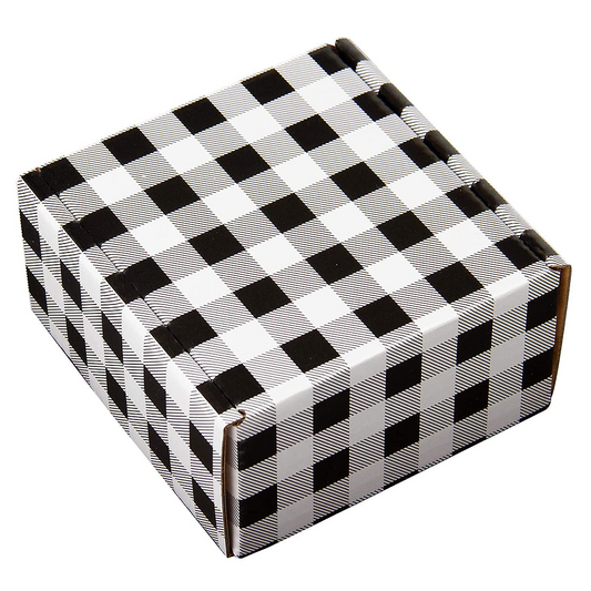 WRAPLA Recyclable Corrugated Box Mailers -10 x 10 x 5cm- White Cardboard Box Black Plaid Printed Shipping Small - 25 Pack