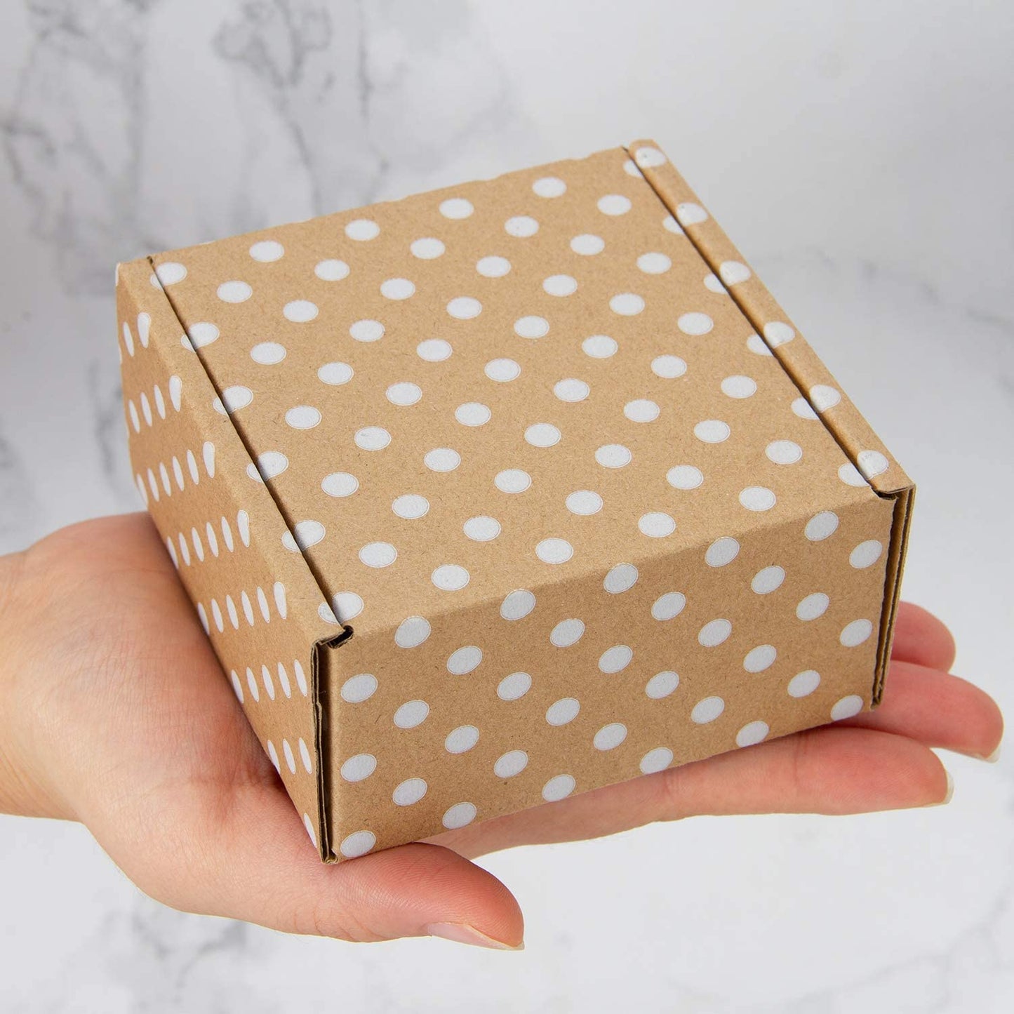 WRAPLA Recyclable Corrugated Box Mailers -10 X 10 X 5cm - Kraft Cardboard Box White Polka Dot Printed Shipping Small - 25 Pack