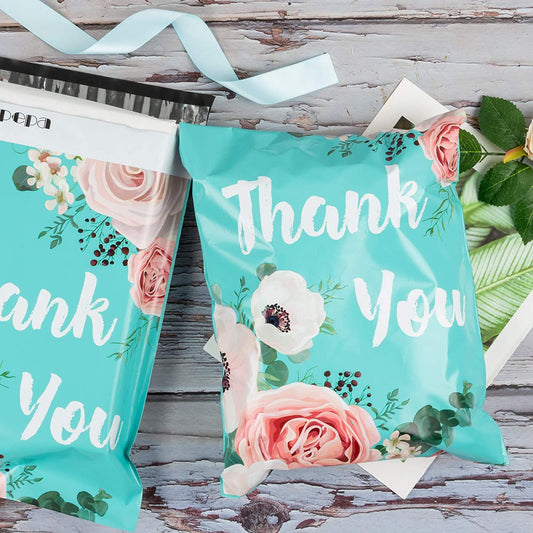 WRAPLA 25 x 33cm (10 x 13 inches) Poly Mailers Shipping Bags Thank You Notes Flowers Surrounded Light Blue Poly Mailers 2.3 Mil Heavy Duty Self Seal Mailing Envelopes - 100 Pack