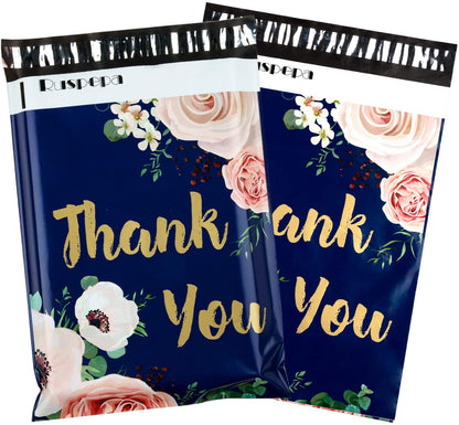 WRAPLA 25 x 33cm (10 x 13 inches) Poly Mailers Shipping Bags Thank You Notes Flowers Surrounded Navy Blue Poly Mailers 2.3 Mil Heavy Duty Self Seal Mailing Envelopes - 100 Pack
