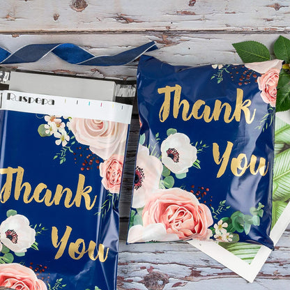 WRAPLA 25 x 33cm (10 x 13 inches) Poly Mailers Shipping Bags Thank You Notes Flowers Surrounded Navy Blue Poly Mailers 2.3 Mil Heavy Duty Self Seal Mailing Envelopes - 100 Pack