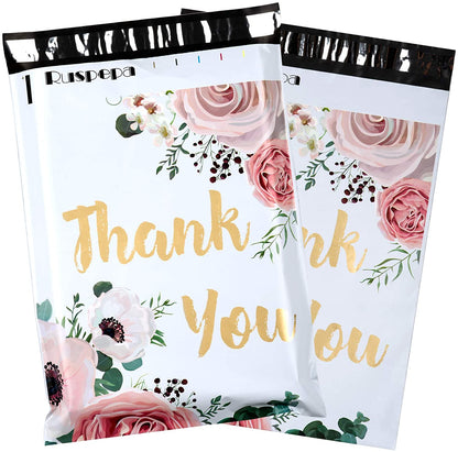 WRAPLA 25 x 33cm (10 x 13 inches) Poly Mailers Shipping Bags Thank You Notes Flowers Surrounded White Poly Mailers 2.3 Mil Heavy Duty Self Seal Mailing Envelopes - 100 Pack