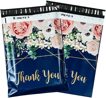 WRAPLA 30 x 40cm (12 x 15.5 inches) Poly Mailers Shipping Bags Thank You Notes Flowers Surrounded Navy Blue Poly Mailers 3 Mil Heavy Duty Self Seal Mailing Envelopes - 50 Pack