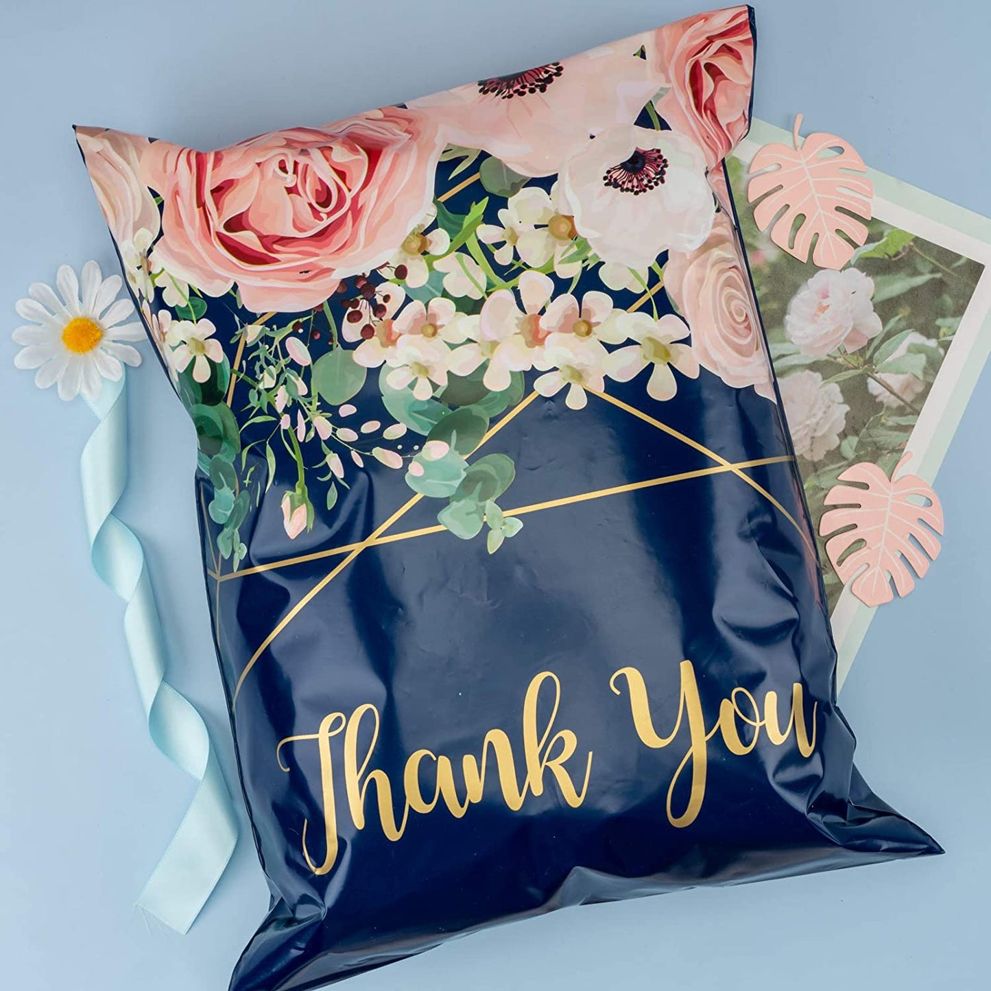 WRAPLA 30 x 40cm (12 x 15.5 inches) Poly Mailers Shipping Bags Thank You Notes Flowers Surrounded Navy Blue Poly Mailers 3 Mil Heavy Duty Self Seal Mailing Envelopes - 50 Pack