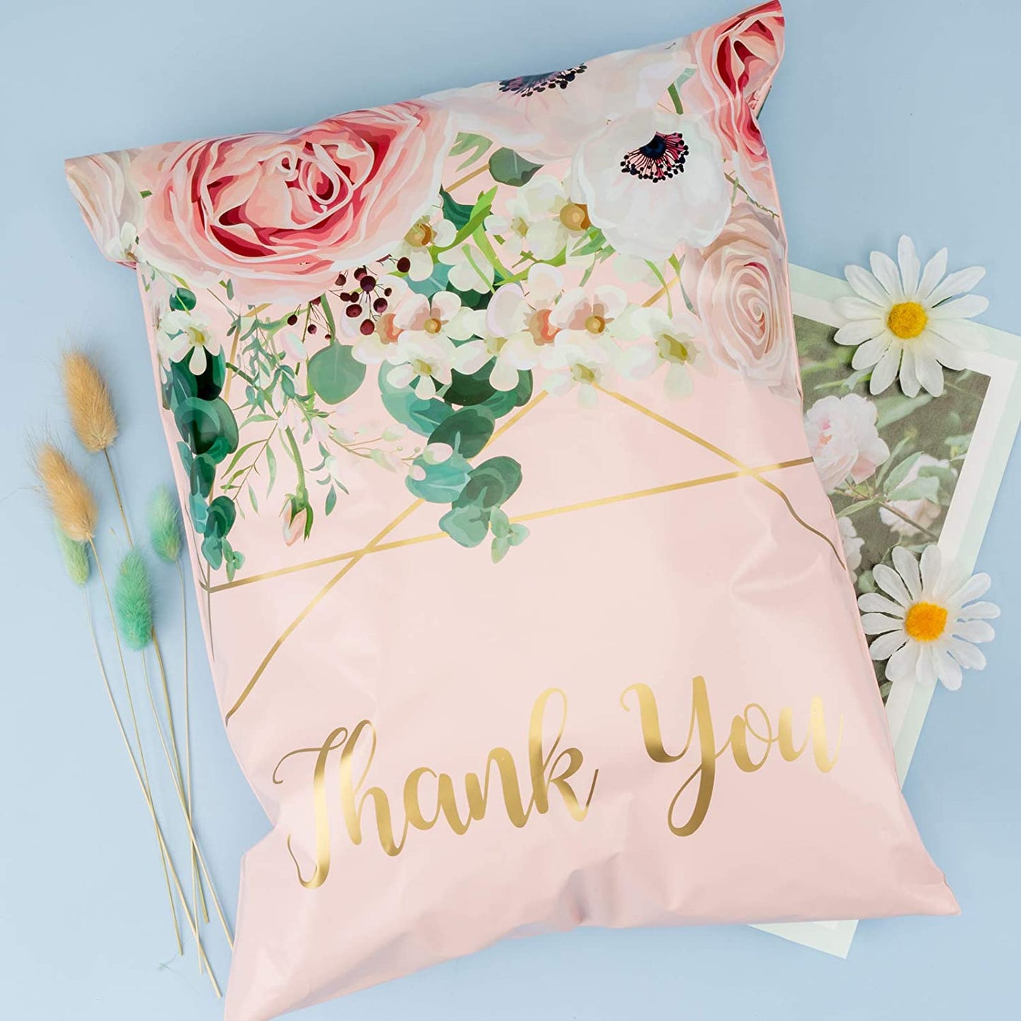 WRAPLA 30 x 40cm (12 x 15.5 inches) Poly Mailers Shipping Bags Thank You Notes Flowers Surrounded Pink Poly Mailers 3 Mil Heavy Duty Self Seal Mailing Envelopes - 50 Pack
