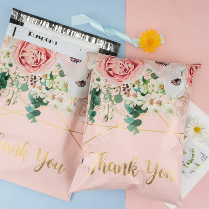 WRAPLA 30 x 40cm (12 x 15.5 inches) Poly Mailers Shipping Bags Thank You Notes Flowers Surrounded Pink Poly Mailers 3 Mil Heavy Duty Self Seal Mailing Envelopes - 50 Pack