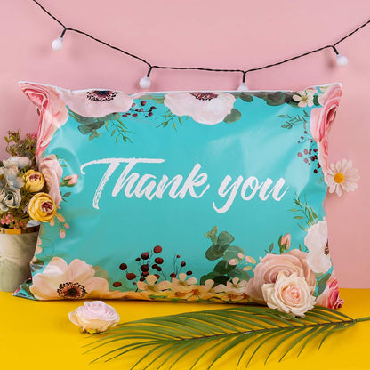 WRAPLA 37 x 48cm Poly Mailers Shipping Bags Thank You Notes Flowers Surrounded Teal Poly Mailers 3 Mil Heavy Duty Self Seal Mailing Envelopes - 50 Pack