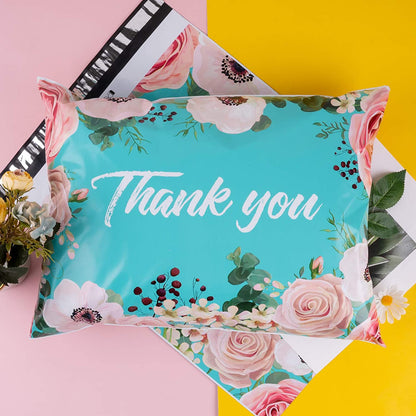 WRAPLA 37 x 48cm Poly Mailers Shipping Bags Thank You Notes Flowers Surrounded Teal Poly Mailers 3 Mil Heavy Duty Self Seal Mailing Envelopes - 50 Pack