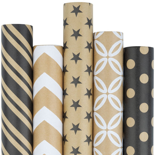 WRAPLA Wrapping Paper Roll - Roll Black and White Geometry for Wedding, Birthdays, Valentines, Christmas - 5 Roll - 76 cm X 3 m Per Roll