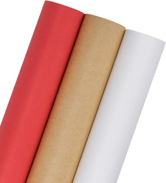 WRAPLA Kraft Wrapping Paper Set - 3 Roll (Kraft,White,Red) for Wedding, Birthday, Shower, Congrats, and Holiday - 76cm x 10mPer Roll