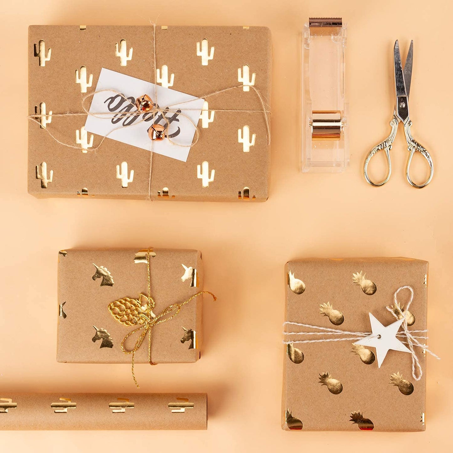 WRAPLA Kraft Wrapping Paper Gold Foil Unicorn Pineapple Cactus Shiny Kraft Paper for Birthday, Holiday, Wedding Wrap - 5 Sheets Packed as 1 roll - 50 X 76cm per Sheet
