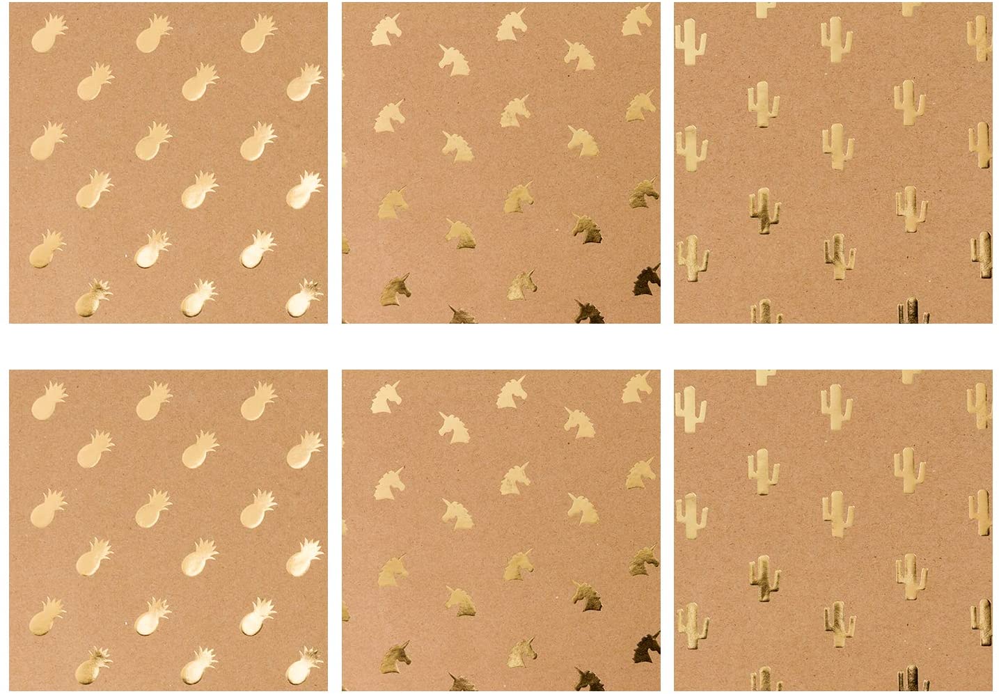 WRAPLA Kraft Wrapping Paper Gold Foil Unicorn Pineapple Cactus Shiny Kraft Paper for Birthday, Holiday, Wedding Wrap - 5 Sheets Packed as 1 roll - 50 X 76cm per Sheet